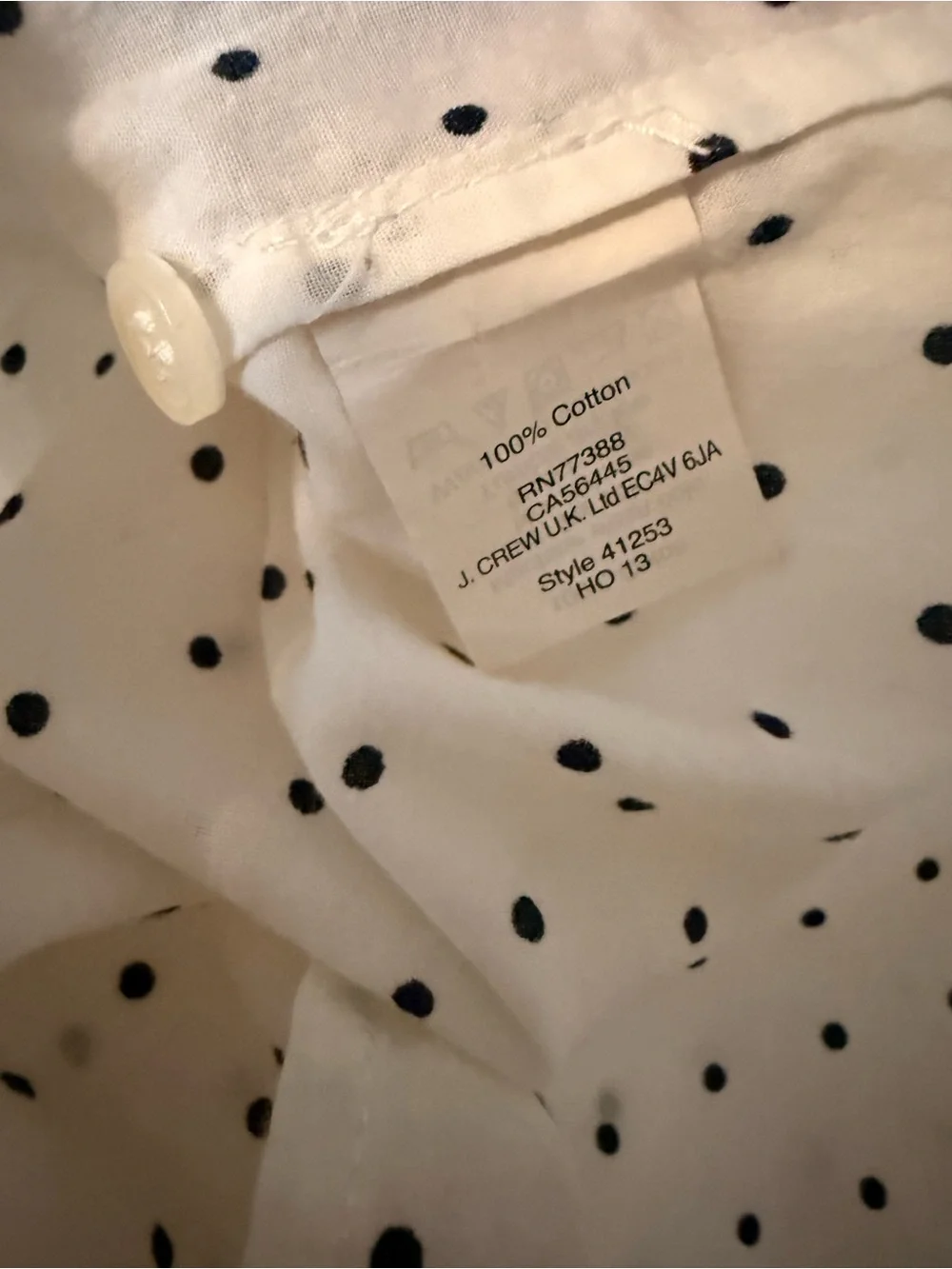 Last chance-J. Crew White Button-Down Long Sleeve Shirt with black Polka Dots